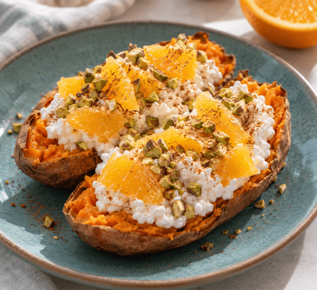 unusual breakfast idea: sweet potato halves topped with cottage cheese