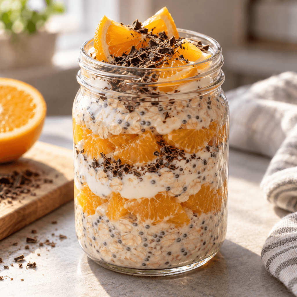 unusual breakfast of layers of yogurt, orange and chocolate in a glass jar