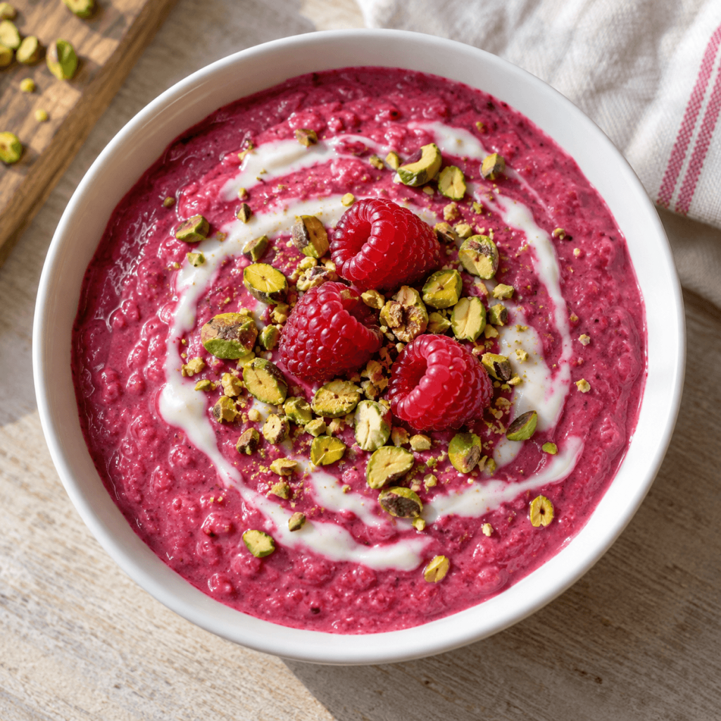 unusual breakfast idea: beetroot mixed with yogurt and raspberries