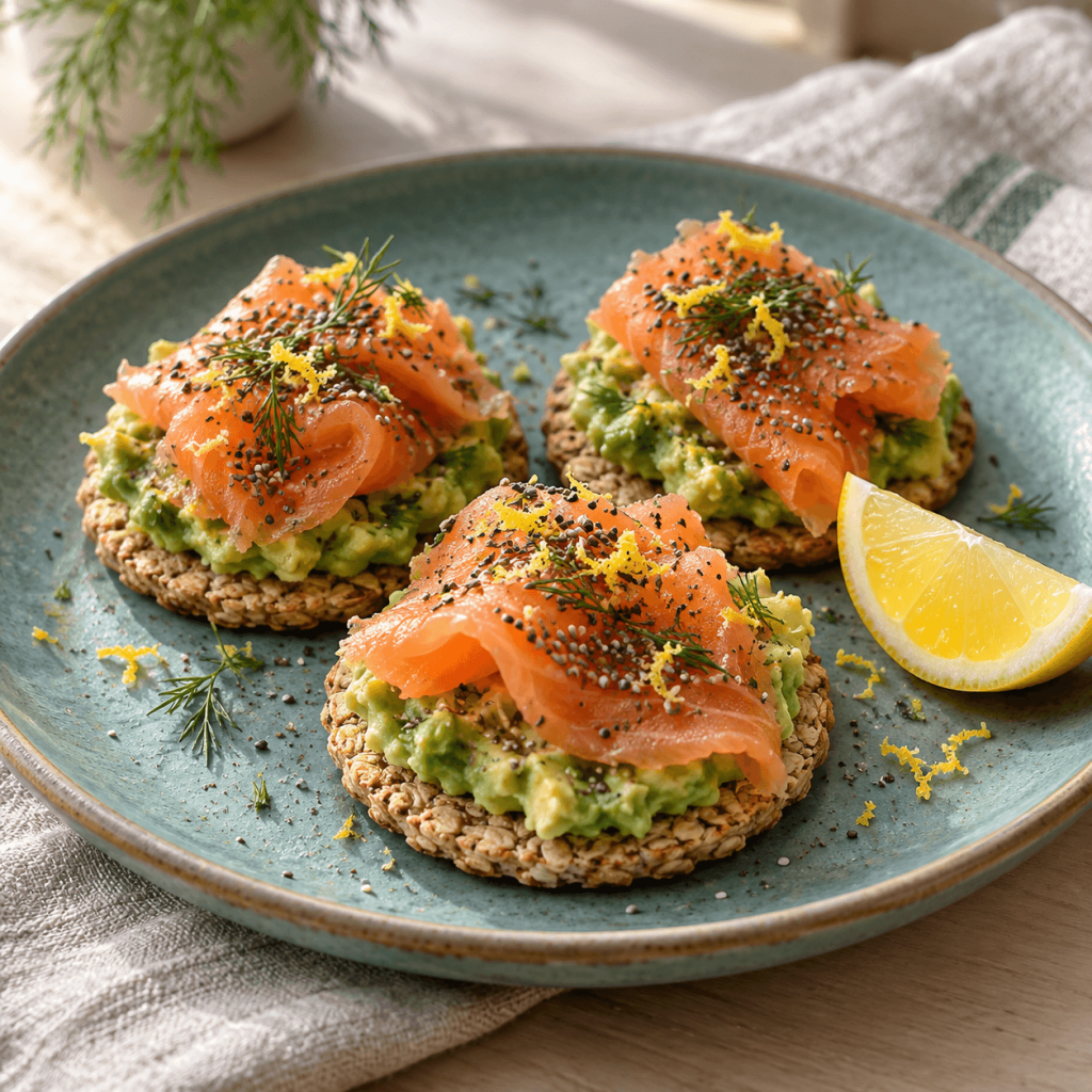 smoked salmon on mashed avocado on 3 oatcakes